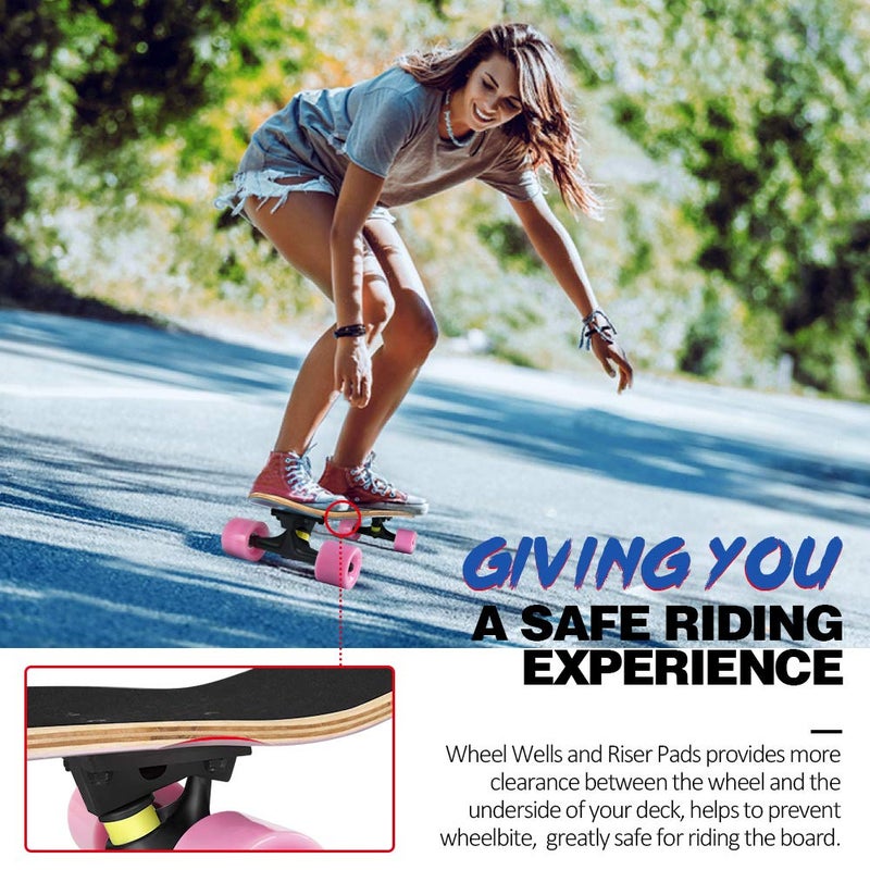 BELEEV Cruiser Skateboards for Beginners, 27 Inch Complete Skateboard for Kids Ages 3-12, Teens Adults, 7 Ply Canadian Maple Double Kick Deck Concave Trick Skateboard (Pink) - Image 3